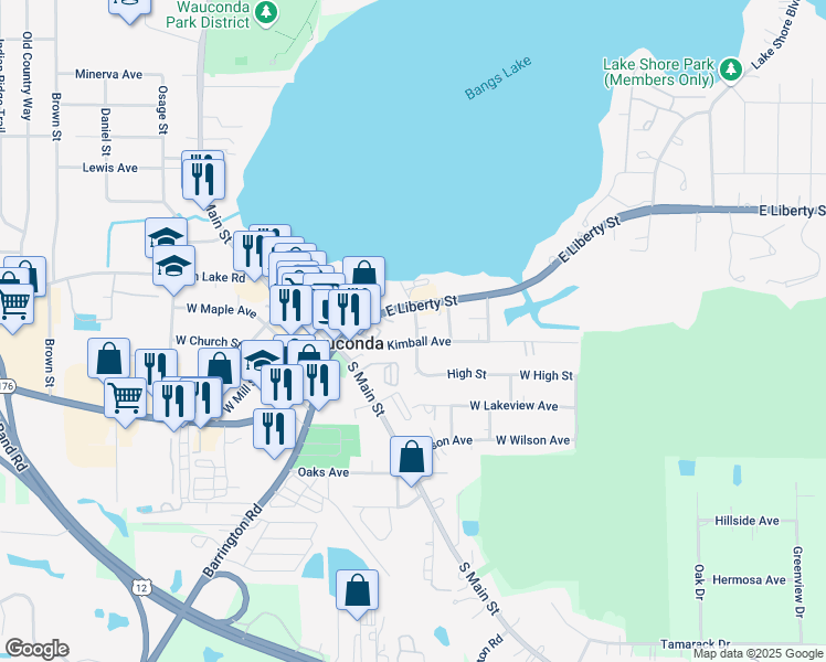 map of restaurants, bars, coffee shops, grocery stores, and more near 222 East Liberty Street in Wauconda