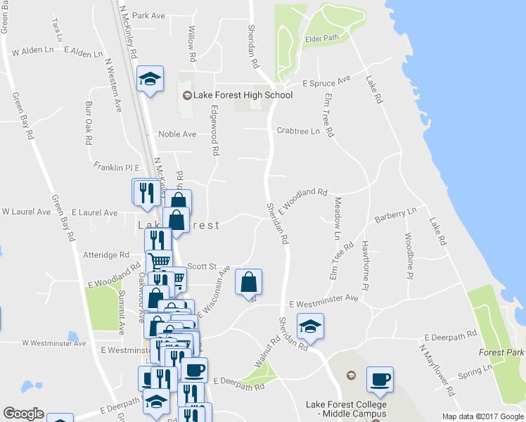 map of restaurants, bars, coffee shops, grocery stores, and more near 1090 North Sheridan Road in Lake Forest