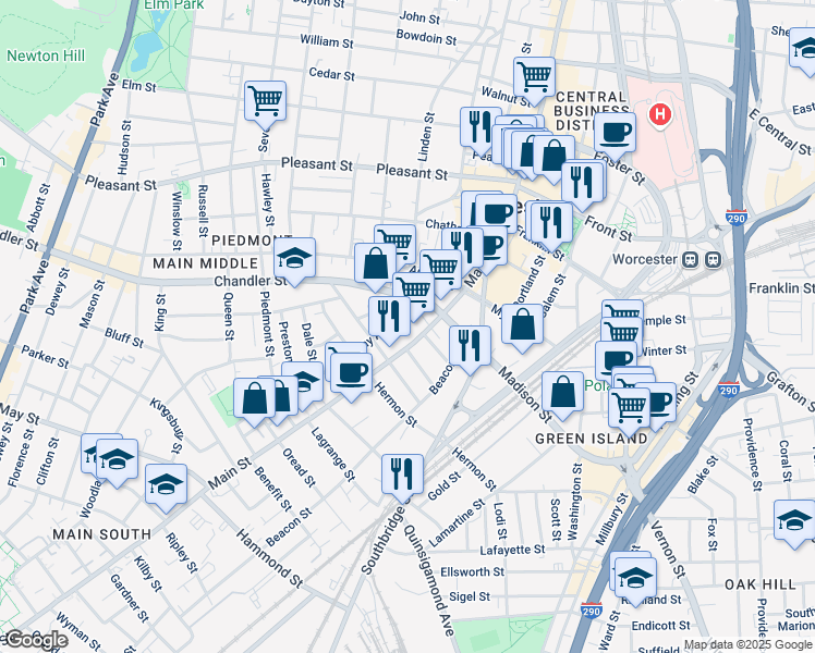 map of restaurants, bars, coffee shops, grocery stores, and more near 662 Main Street in Worcester