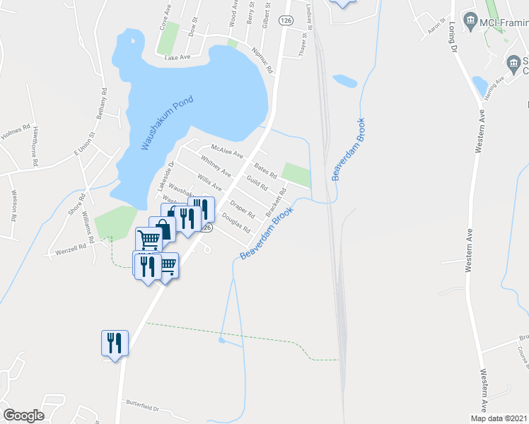 map of restaurants, bars, coffee shops, grocery stores, and more near 49 Draper Road in Framingham