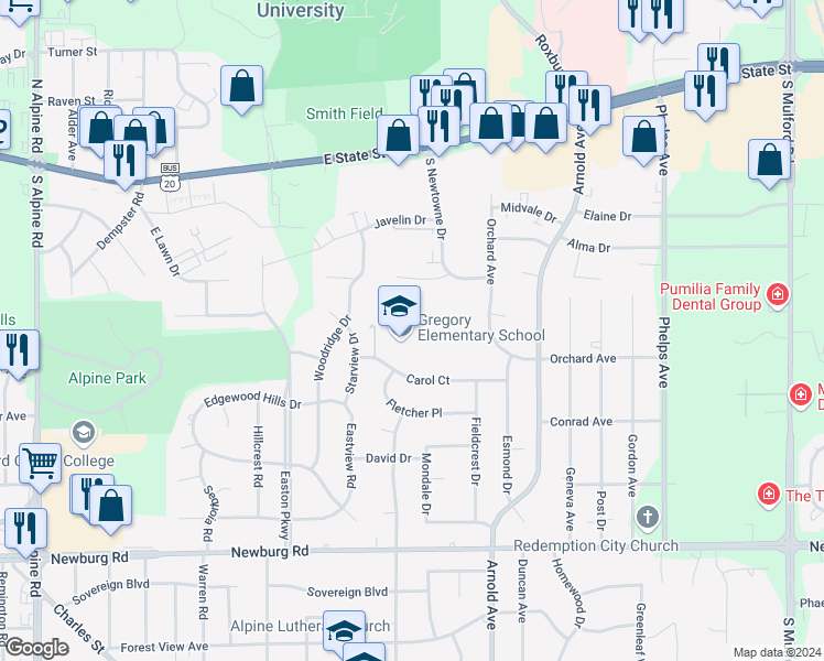 map of restaurants, bars, coffee shops, grocery stores, and more near 4820 Carol Court in Rockford