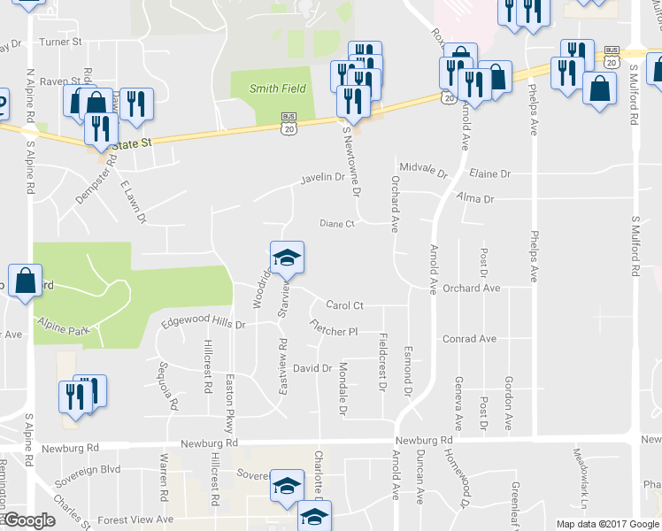 map of restaurants, bars, coffee shops, grocery stores, and more near 4820 Carol Court in Rockford
