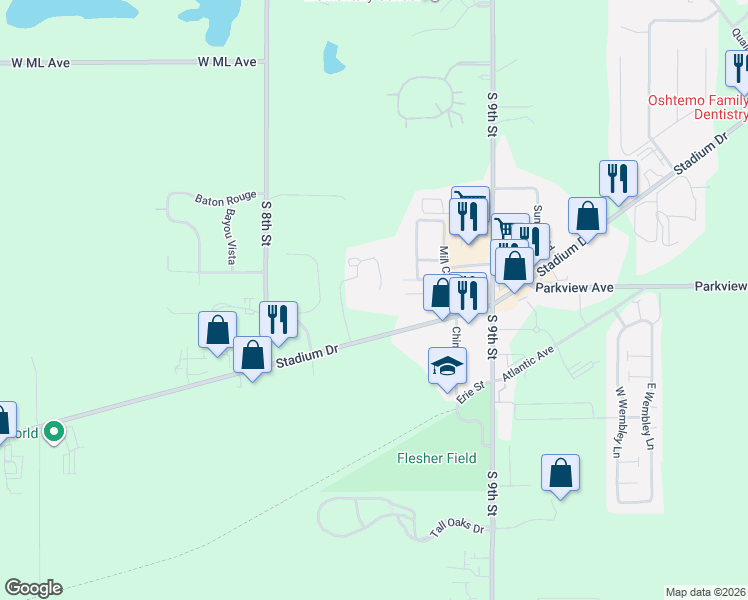 map of restaurants, bars, coffee shops, grocery stores, and more near 6740 Andover Drive in Kalamazoo