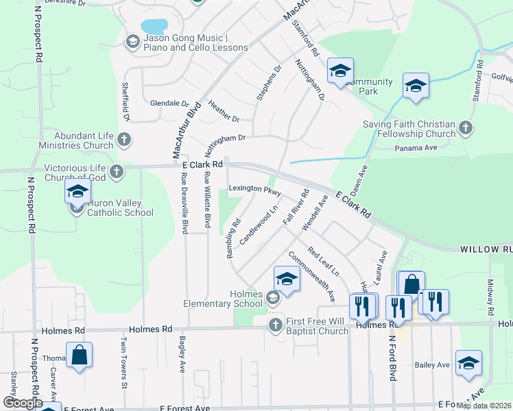 map of restaurants, bars, coffee shops, grocery stores, and more near 1386 Rambling Road in Ypsilanti