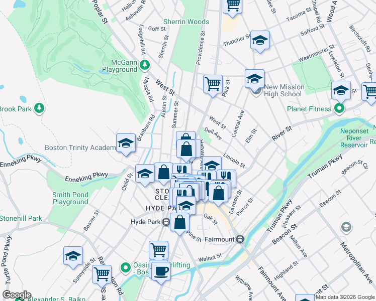 map of restaurants, bars, coffee shops, grocery stores, and more near 1161-1163 Hyde Park Avenue in Boston