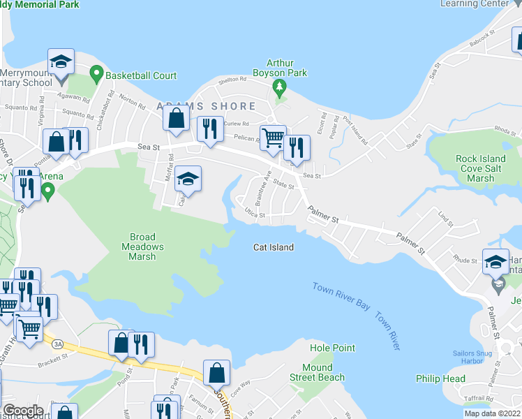 map of restaurants, bars, coffee shops, grocery stores, and more near 93 Utica Street in Quincy