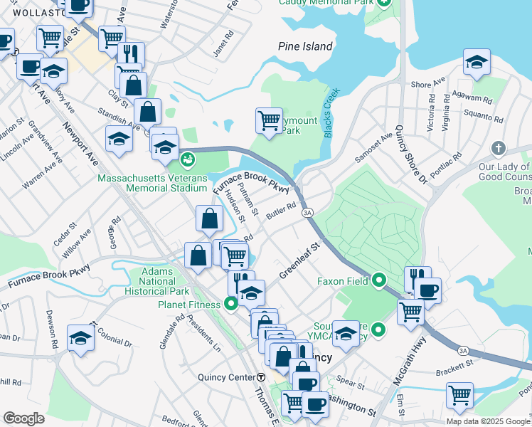 map of restaurants, bars, coffee shops, grocery stores, and more near 50 Putnam Street in Quincy