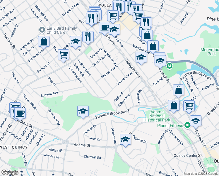 map of restaurants, bars, coffee shops, grocery stores, and more near 133 Prospect Avenue in Quincy