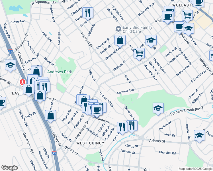 map of restaurants, bars, coffee shops, grocery stores, and more near 401 Beale Street in Quincy