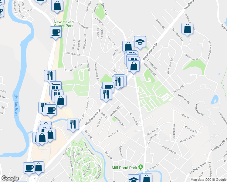 map of restaurants, bars, coffee shops, grocery stores, and more near 5273 Washington Street in Boston