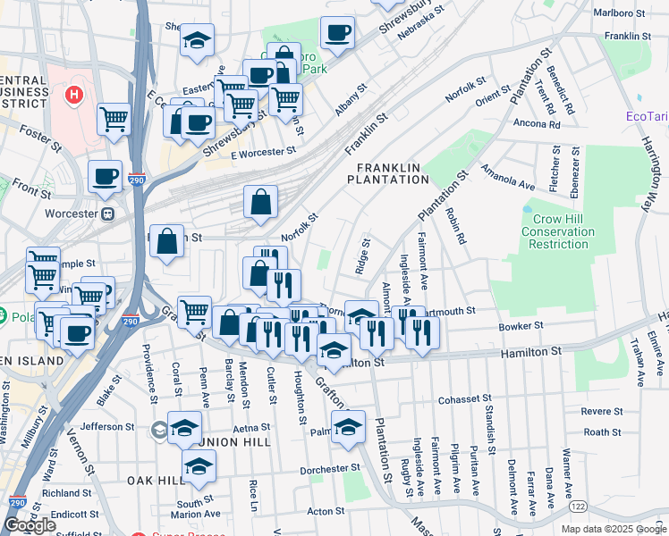 map of restaurants, bars, coffee shops, grocery stores, and more near 51 Orient Street in Worcester