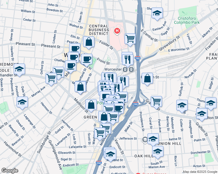 map of restaurants, bars, coffee shops, grocery stores, and more near 16 Temple Street in Worcester