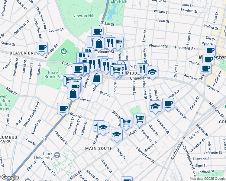 map of restaurants, bars, coffee shops, grocery stores, and more near 91 Bellevue Street in Worcester