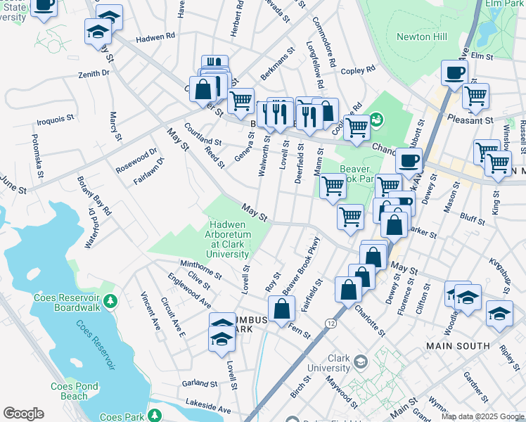 map of restaurants, bars, coffee shops, grocery stores, and more near 63 Walworth Street in Worcester