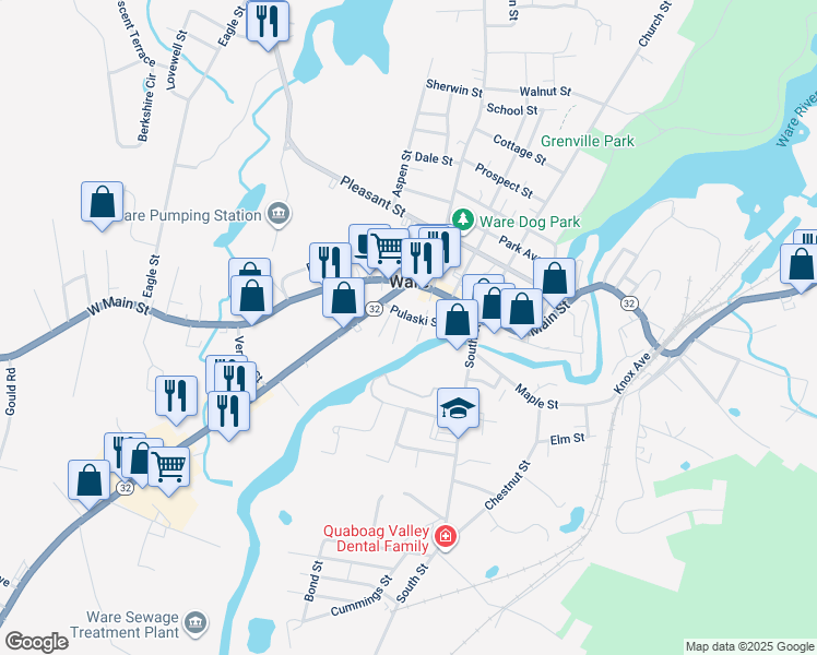 map of restaurants, bars, coffee shops, grocery stores, and more near 3 Buckley Court in Ware