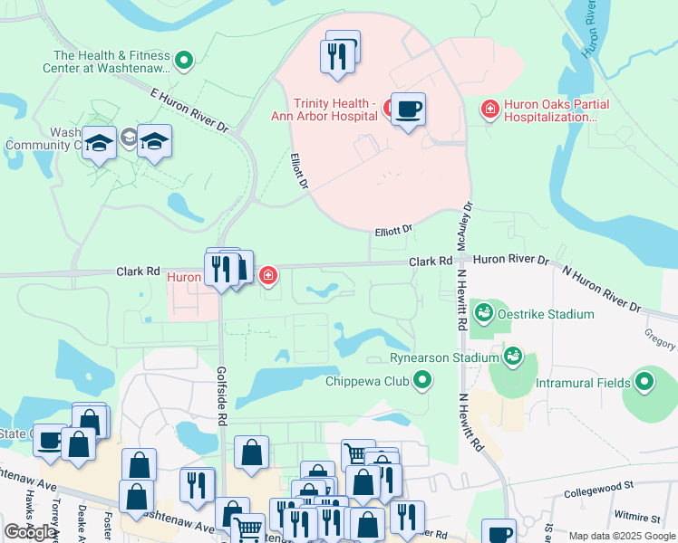 map of restaurants, bars, coffee shops, grocery stores, and more near 1421 Chestnut Drive in Ypsilanti
