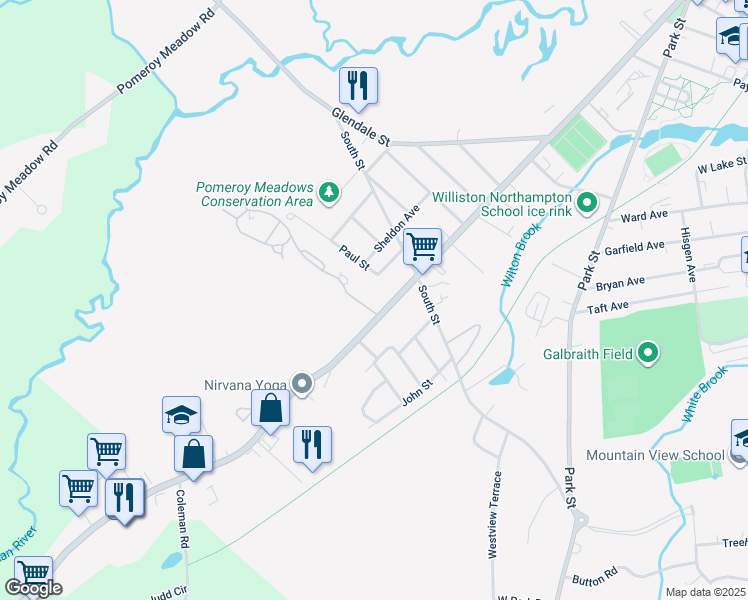 map of restaurants, bars, coffee shops, grocery stores, and more near 355 Main Street in Easthampton