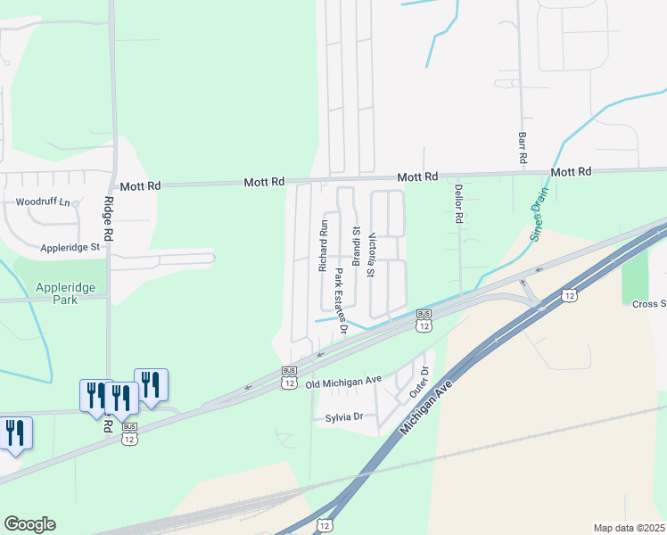 map of restaurants, bars, coffee shops, grocery stores, and more near 74 Park Estates Drive in Wayne County