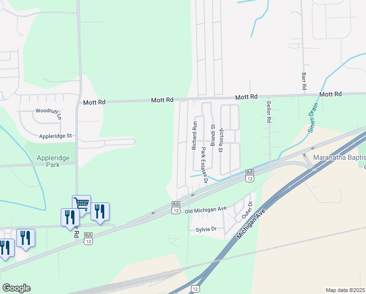 map of restaurants, bars, coffee shops, grocery stores, and more near 3944 Prescott in Ypsilanti