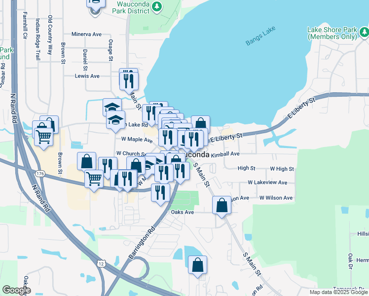 map of restaurants, bars, coffee shops, grocery stores, and more near 210 South Main Street in Wauconda