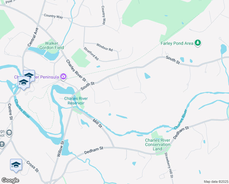 map of restaurants, bars, coffee shops, grocery stores, and more near 43 Crestview Road in Needham