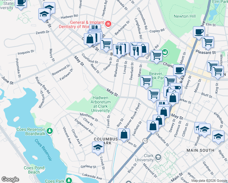 map of restaurants, bars, coffee shops, grocery stores, and more near 148 May Street in Worcester
