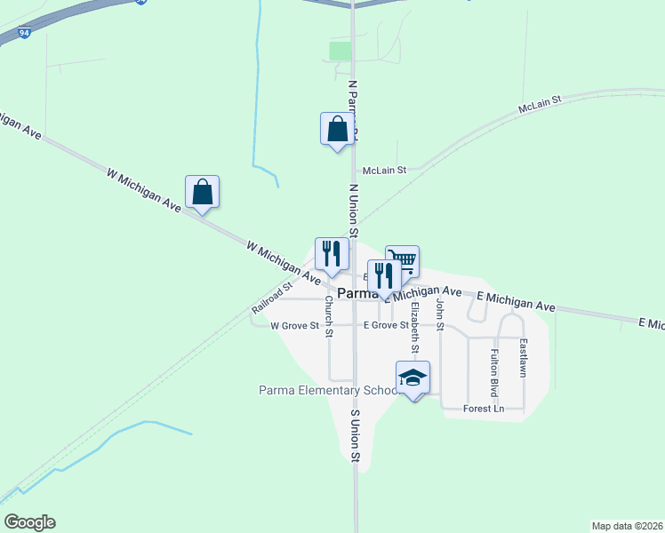 map of restaurants, bars, coffee shops, grocery stores, and more near 208 West Main Street in Parma