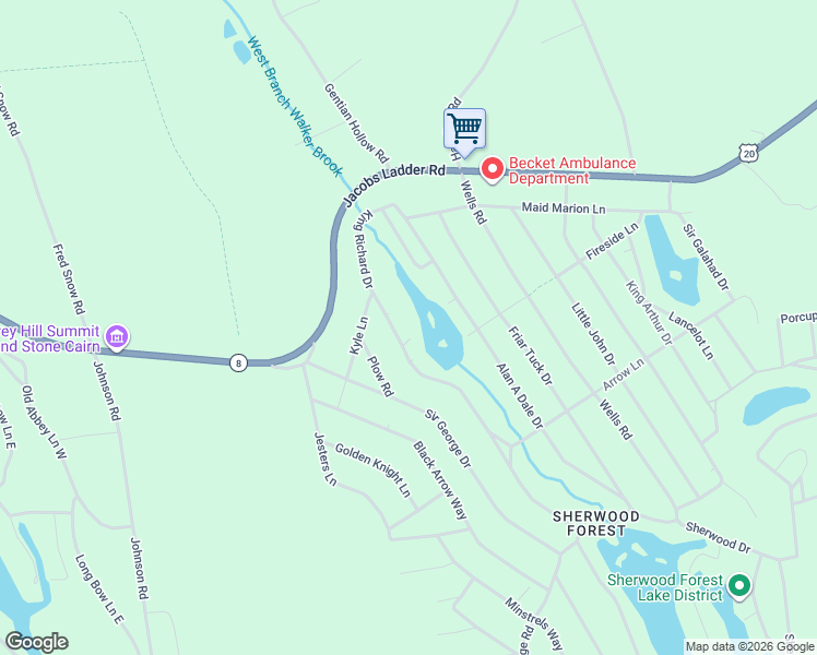 map of restaurants, bars, coffee shops, grocery stores, and more near King Richard Drive in Becket