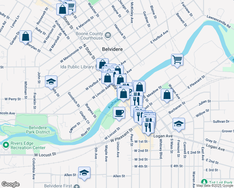 map of restaurants, bars, coffee shops, grocery stores, and more near 106 North State Street in Belvidere