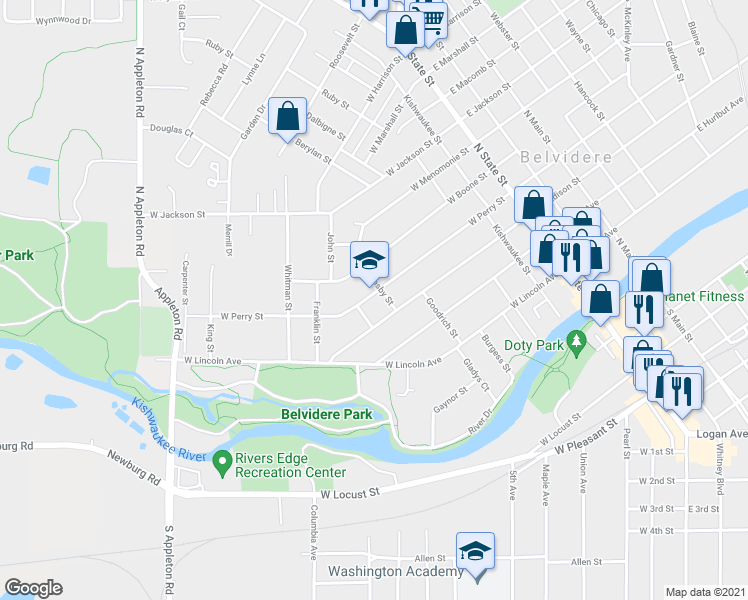 map of restaurants, bars, coffee shops, grocery stores, and more near 610 West Perry Street in Belvidere