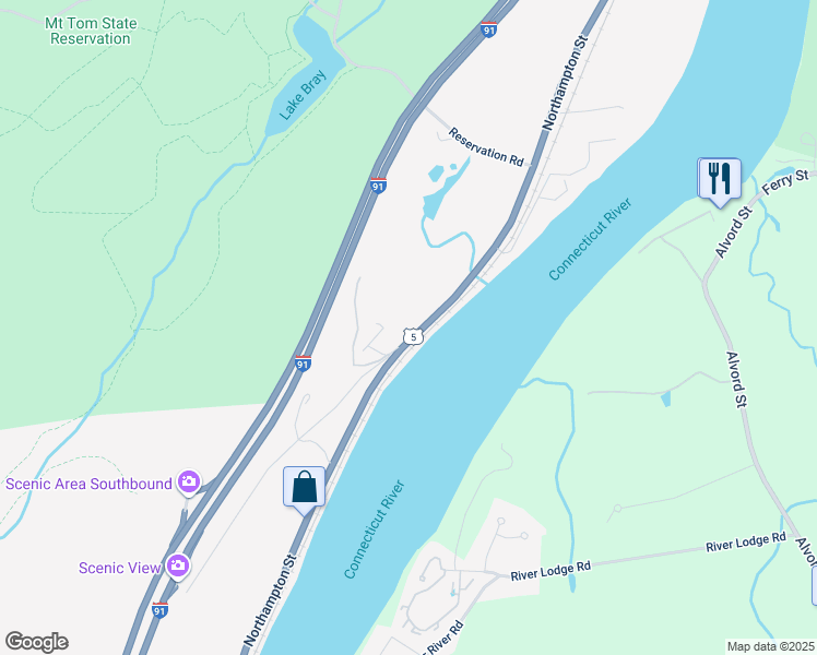 map of restaurants, bars, coffee shops, grocery stores, and more near 593 Northampton Street in Holyoke