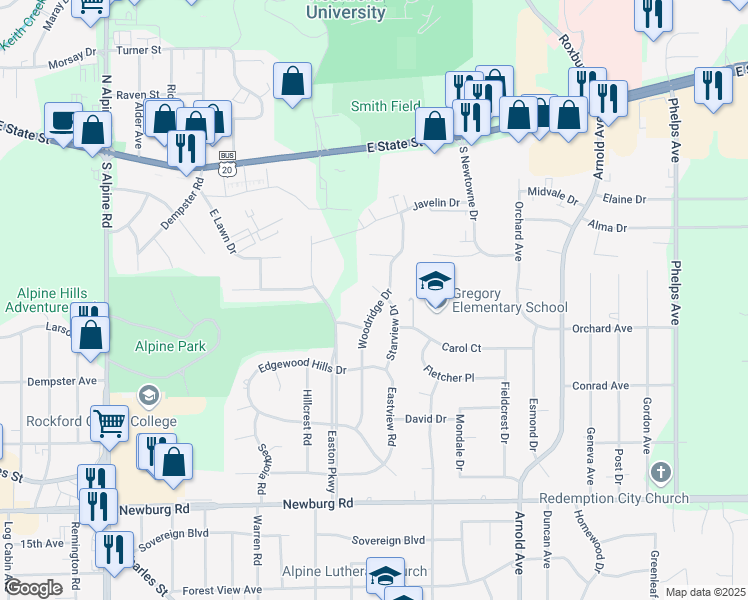 map of restaurants, bars, coffee shops, grocery stores, and more near 903 Woodridge Drive in Rockford