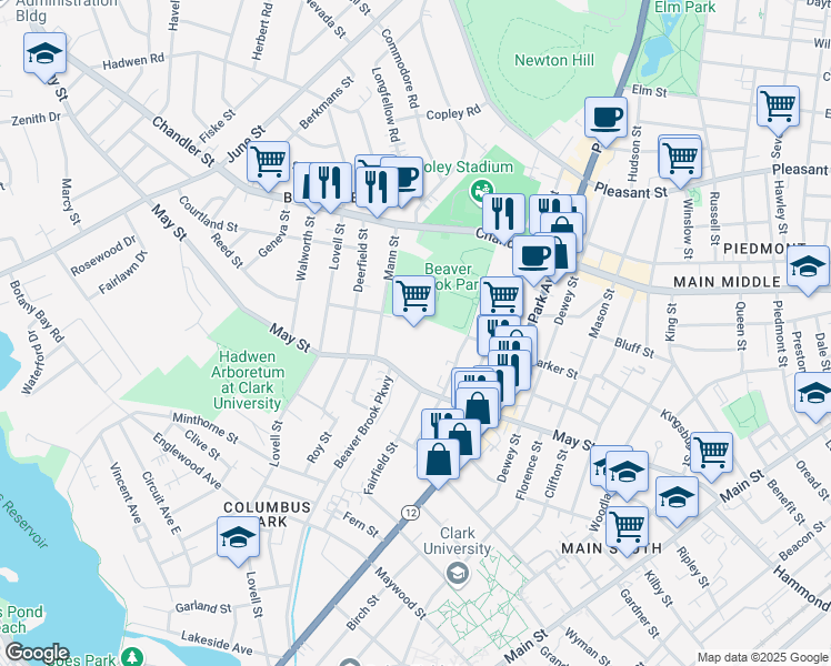 map of restaurants, bars, coffee shops, grocery stores, and more near 100 Mayfield Street in Worcester