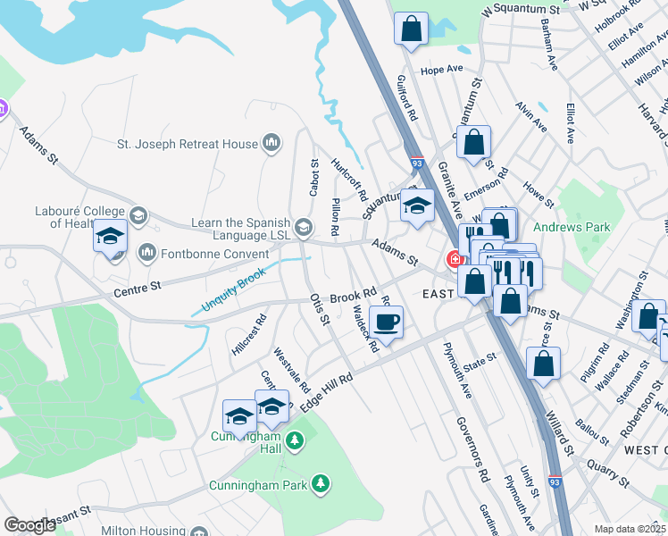 map of restaurants, bars, coffee shops, grocery stores, and more near 26 Governor Belcher Lane in Milton