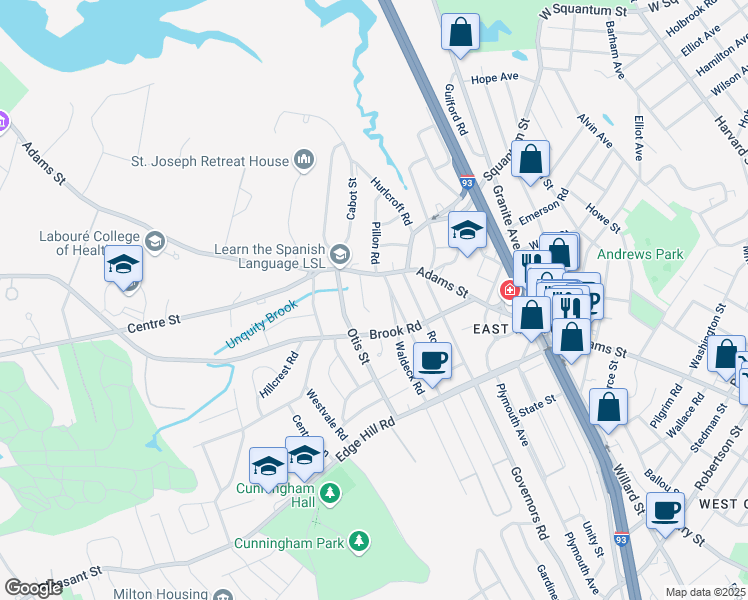 map of restaurants, bars, coffee shops, grocery stores, and more near 26 Governor Belcher Lane in Milton