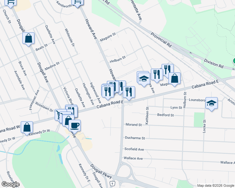 map of restaurants, bars, coffee shops, grocery stores, and more near 3817 Howard Avenue in Windsor