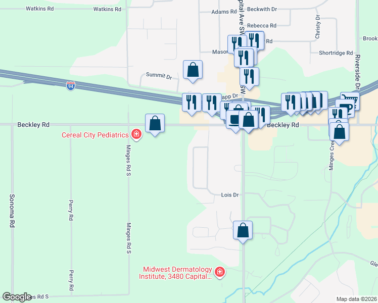 map of restaurants, bars, coffee shops, grocery stores, and more near 275 Lois Drive in Battle Creek