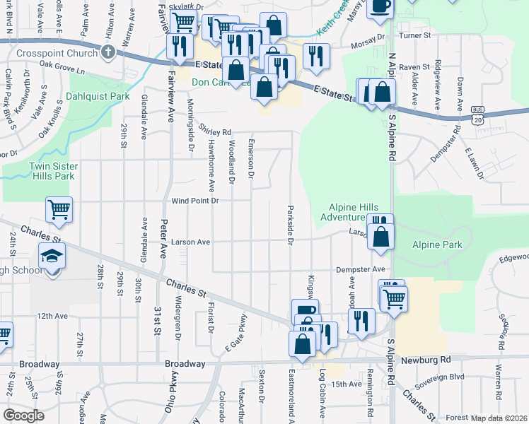 map of restaurants, bars, coffee shops, grocery stores, and more near 711 Blenheim Drive in Rockford
