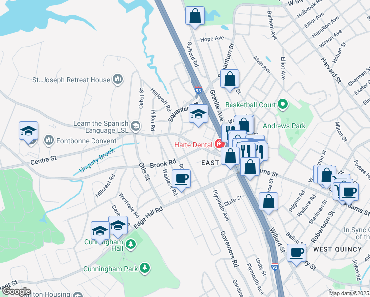map of restaurants, bars, coffee shops, grocery stores, and more near 14 Governors Road in Milton