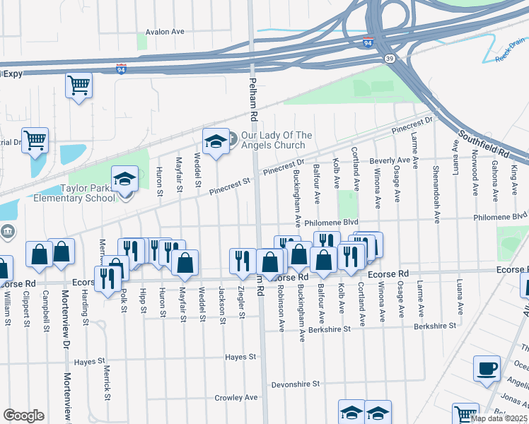 map of restaurants, bars, coffee shops, grocery stores, and more near 6616 Robinson Avenue in Allen Park
