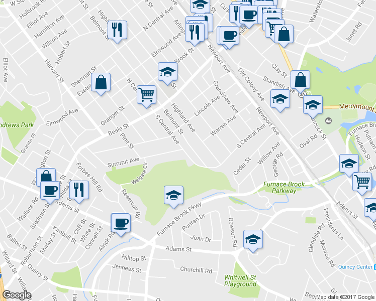 map of restaurants, bars, coffee shops, grocery stores, and more near 383 Belmont Street in Quincy