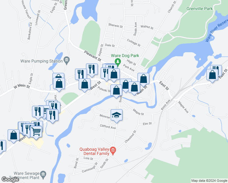 map of restaurants, bars, coffee shops, grocery stores, and more near 5-55 Pulaski Street in Ware