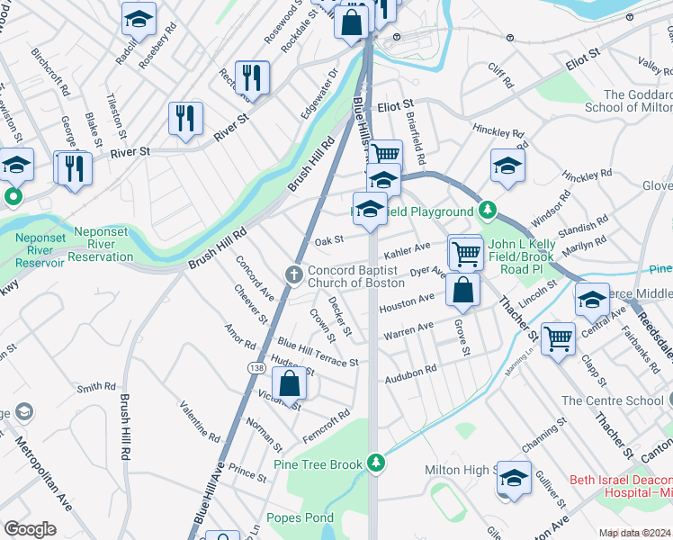 map of restaurants, bars, coffee shops, grocery stores, and more near 37 Churchill Street in Milton
