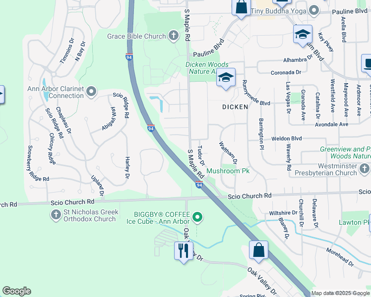 map of restaurants, bars, coffee shops, grocery stores, and more near 1660 Tudor Drive in Ann Arbor