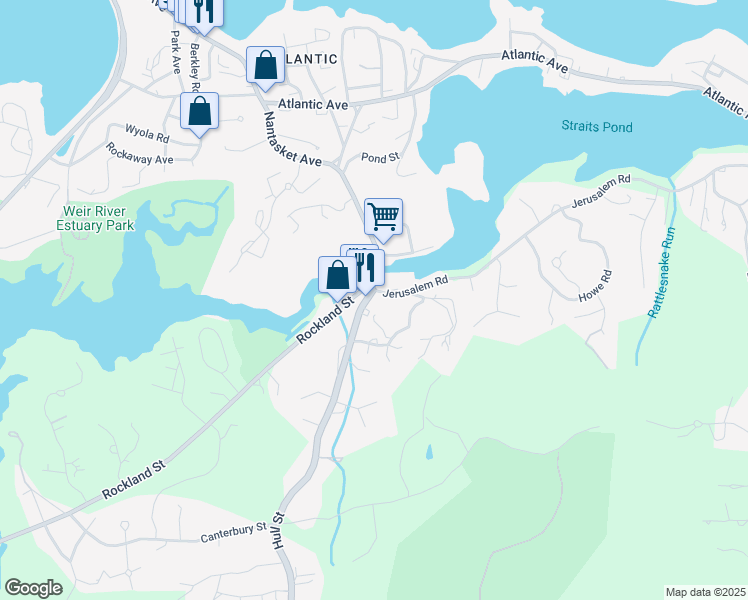 map of restaurants, bars, coffee shops, grocery stores, and more near 345 Rockland Street in Hingham