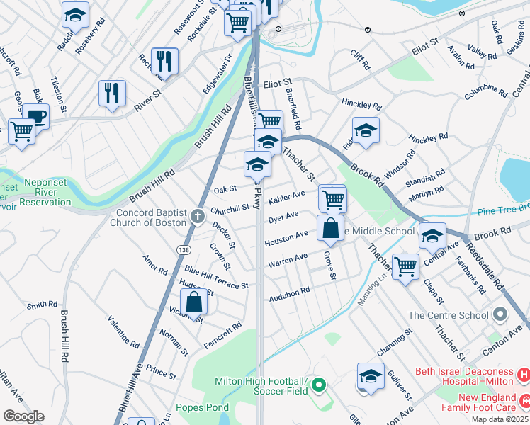 map of restaurants, bars, coffee shops, grocery stores, and more near 209 Blue Hills Parkway in Milton