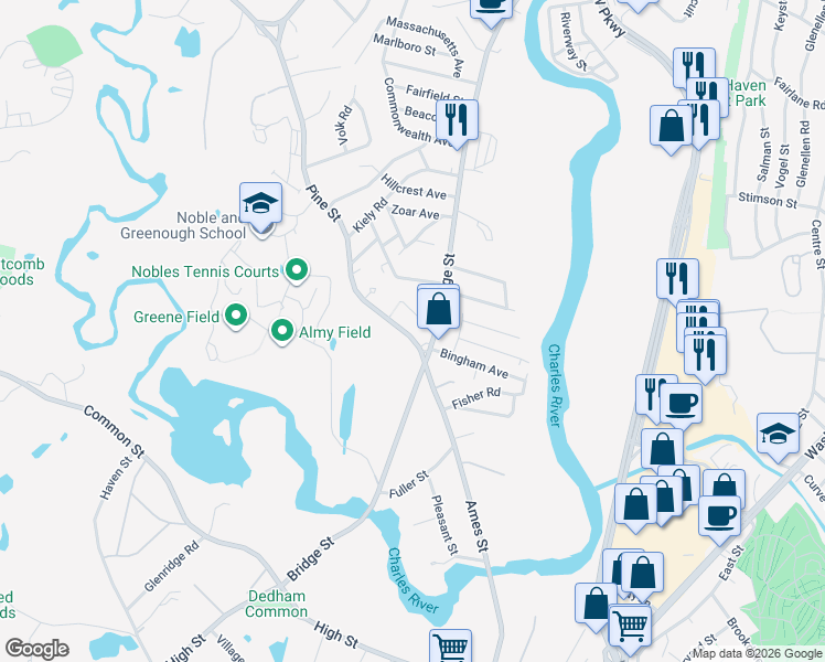 map of restaurants, bars, coffee shops, grocery stores, and more near 43 Pine Street in Dedham