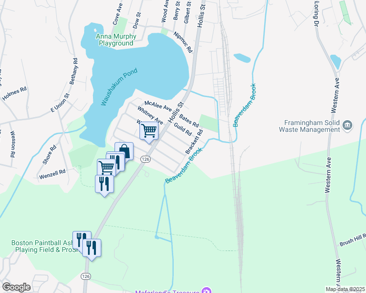 map of restaurants, bars, coffee shops, grocery stores, and more near 49 Waushakum Boulevard in Framingham