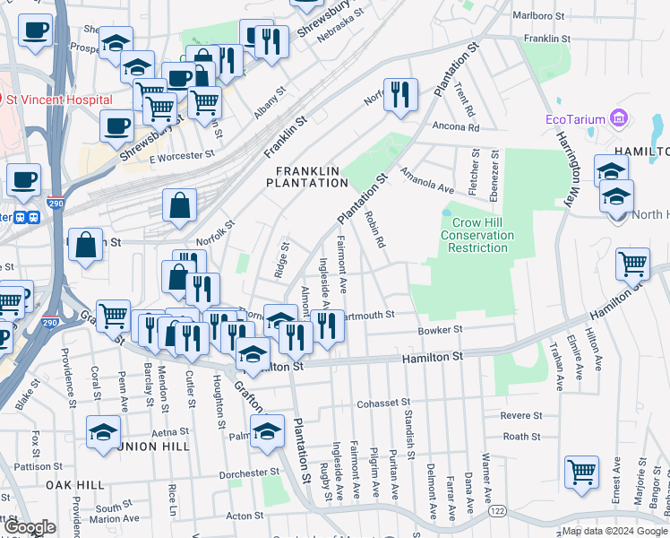 map of restaurants, bars, coffee shops, grocery stores, and more near 21 Clarendon Street in Worcester
