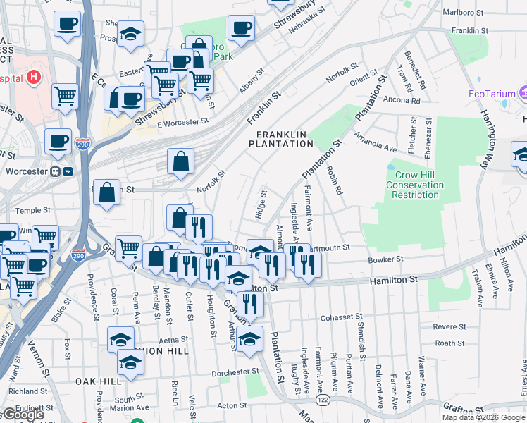 map of restaurants, bars, coffee shops, grocery stores, and more near 18 Ridge Street in Worcester